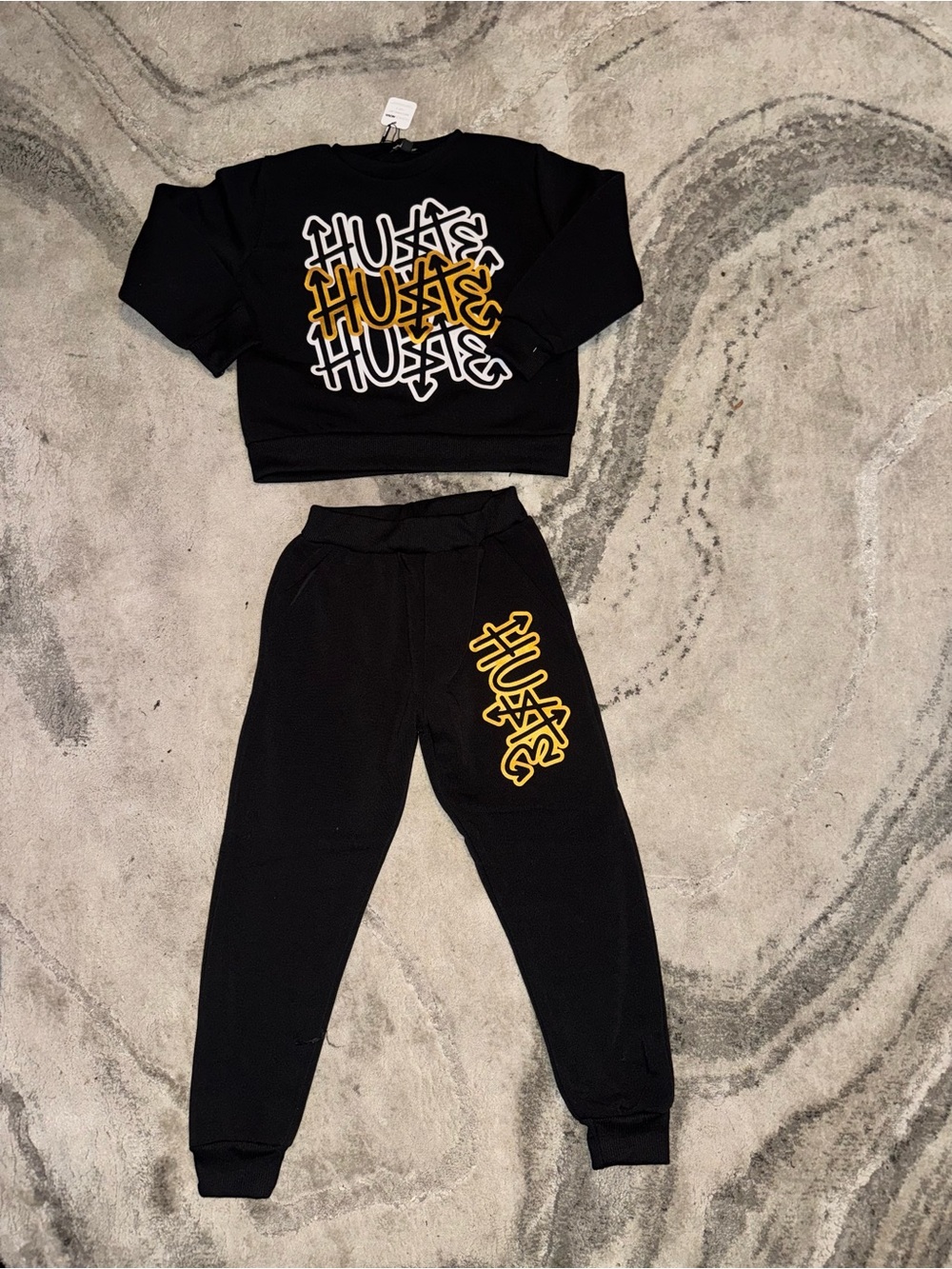 Fashion Nova Kids Black Jogger & Sweatshirt Set with Yellow Graphic